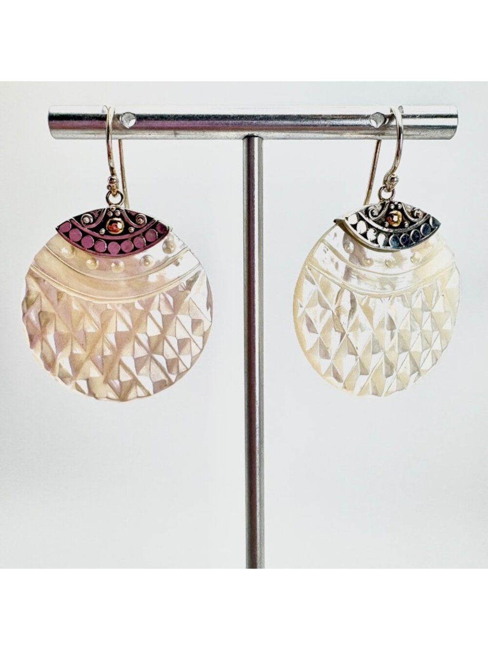 Textured Mother of Pearl Dangle Earrings 18k & Sterling Silver 925 Size 1.75"